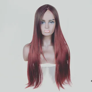 Long straight hair fashion gradient fake hair - Gradient Wine Red