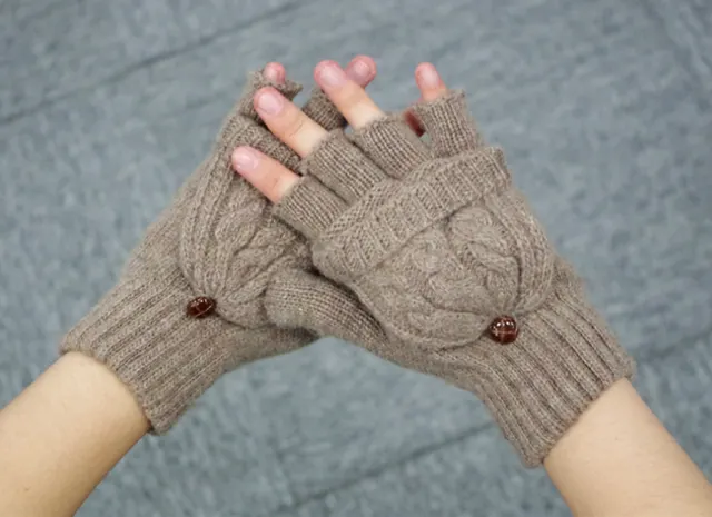 Wool ladies flip gloves double braided flip dual use warm gloves half finger female gloves Brown - Shop at LoveMi