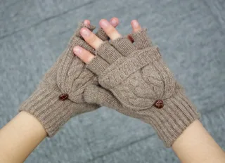Wool ladies flip gloves double braided flip dual-use warm gloves half finger female gloves - Brown
