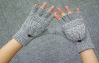 Wool ladies flip gloves double braided flip dual-use warm gloves half finger female gloves - Gray