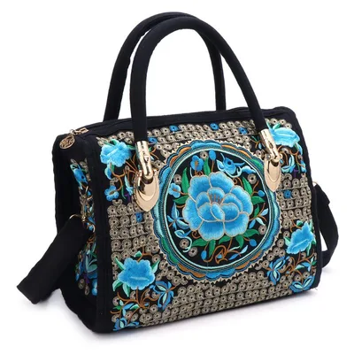 Ethnic Style Embroidered Portable Messenger Dual Purpose Drum Bag Blue - Shop at LoveMi