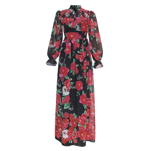 African Clothing Women's Chiffon Print Big Swing Dress Long Skirt Black - Shop at LoveMi