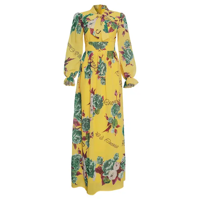 African Clothing Women's Chiffon Print Big Swing Dress Long Skirt Yellow - Shop at LoveMi