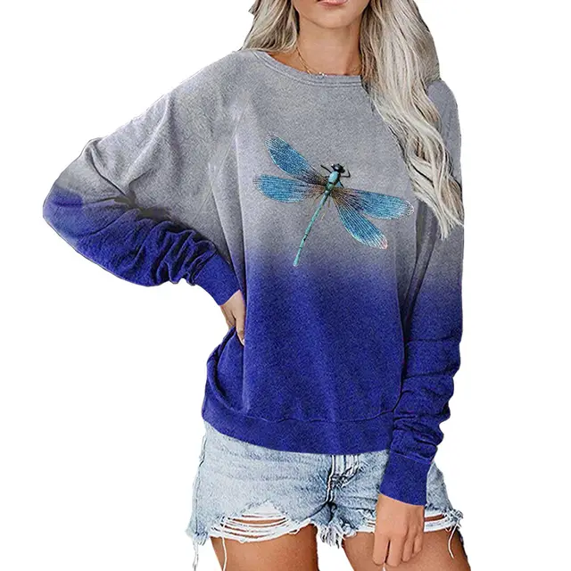 Raglan Sleeve Dragonfly Print Casual Loose Top Blue - Shop at LoveMi