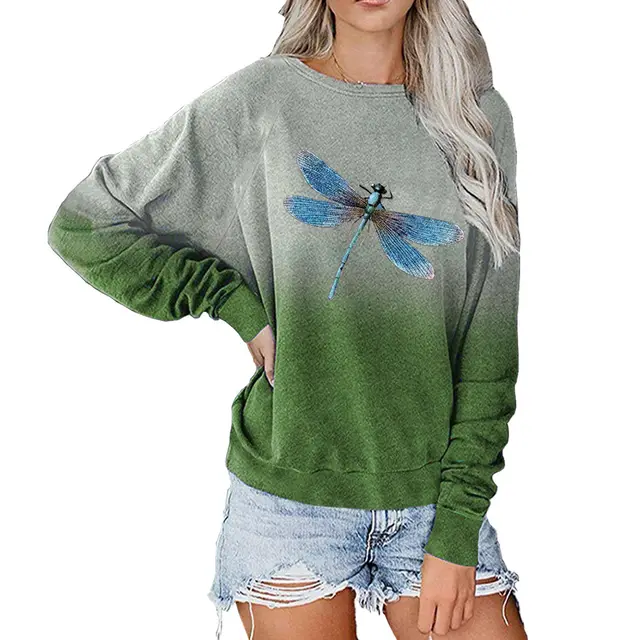 Raglan Sleeve Dragonfly Print Casual Loose Top Green - Shop at LoveMi
