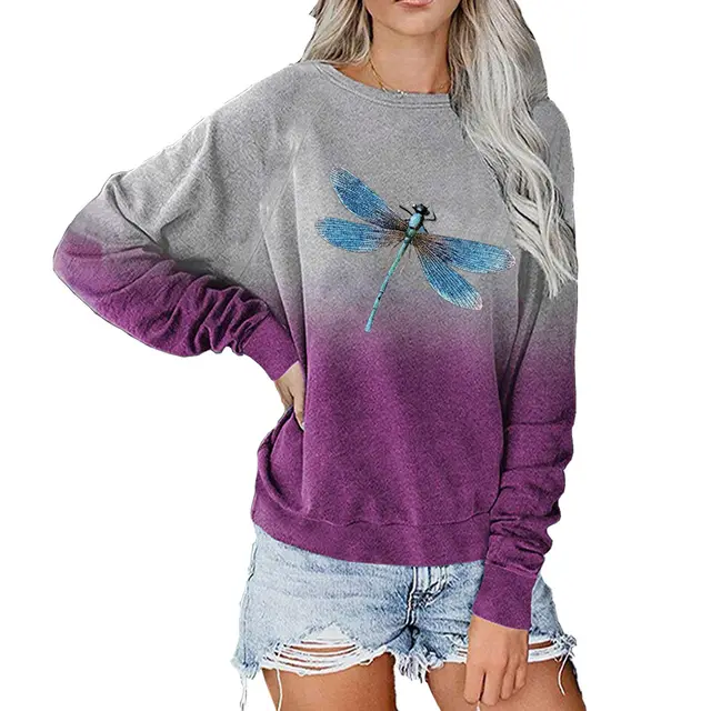 Raglan Sleeve Dragonfly Print Casual Loose Top Purple - Shop at LoveMi