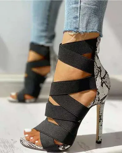 High heels with cross ties snake pattern thin High Heels Sandals Black - Shop at LoveMi