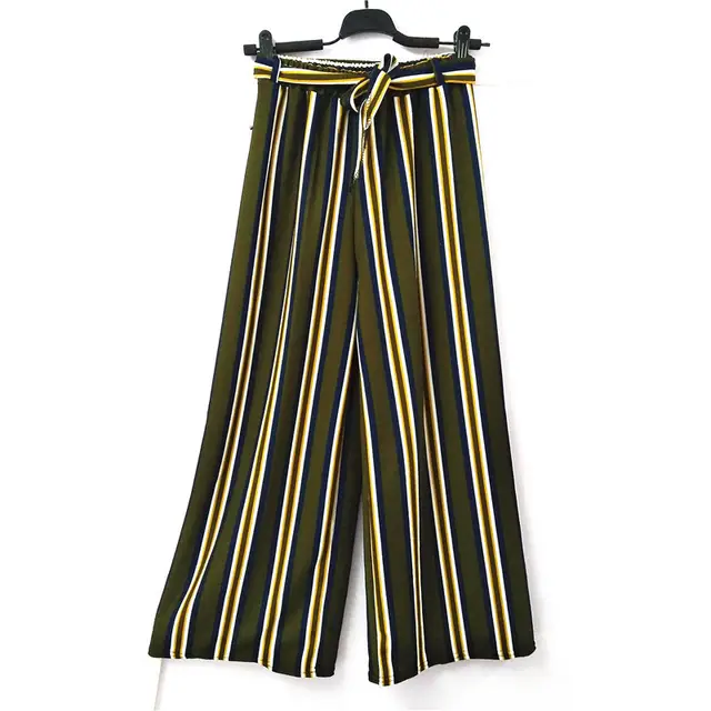 Summer Striped Bohemian Style Wide Leg Pants Bow Ties Decorate Ankle Length Trousers Women Loose Casual Female Pants Army Green - Shop at LoveMi