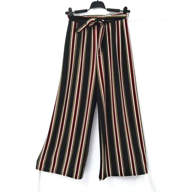 Summer Striped Bohemian Style Wide Leg Pants Bow Ties Decorate Ankle Length Trousers Women Loose Casual Female Pants Black - Shop at LoveMi