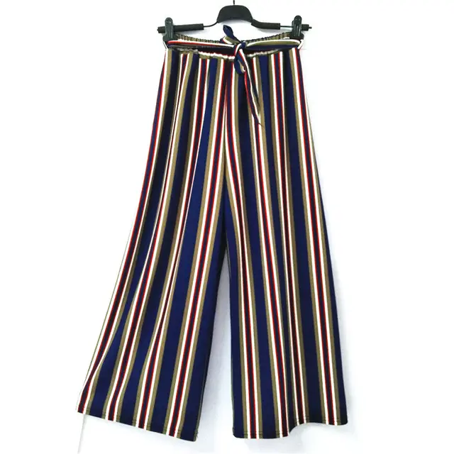 Summer Striped Bohemian Style Wide Leg Pants Bow Ties Decorate Ankle Length Trousers Women Loose Casual Female Pants Blue - Shop at LoveMi