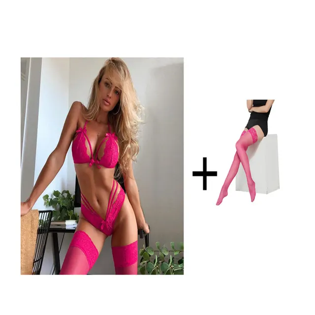 Bowknot lace sexy lingerie set Pink Set - Shop at LoveMi