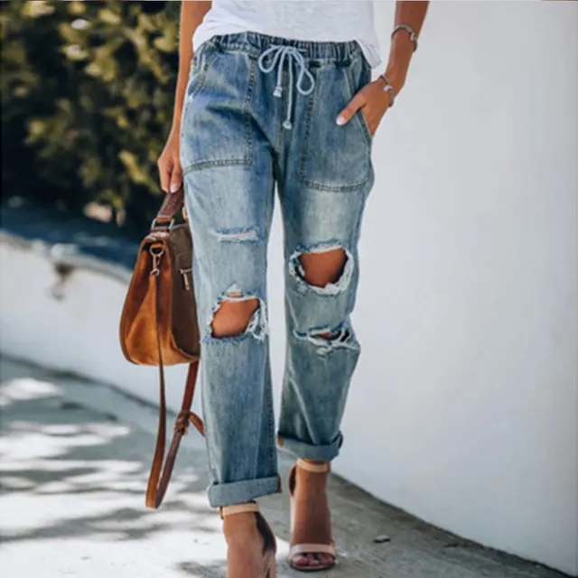 Ripped lace up white trouser jeans Blue - Shop at LoveMi