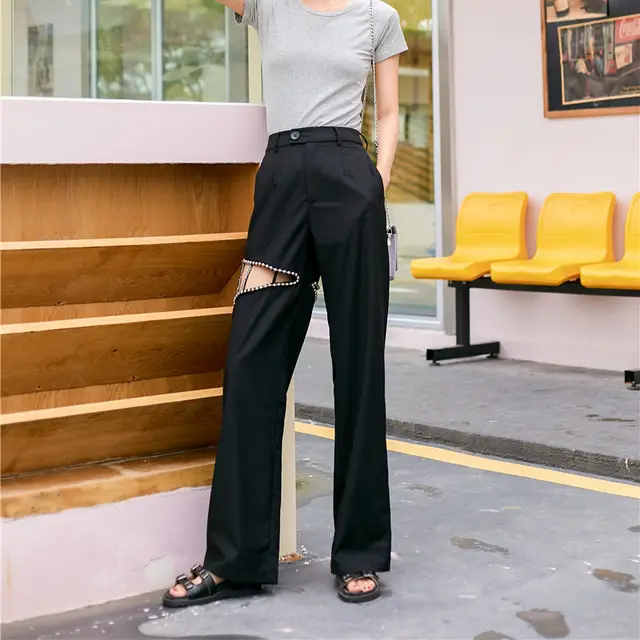 Openwork hand stitched steel ball design straight casual trousers Black - Shop at LoveMi