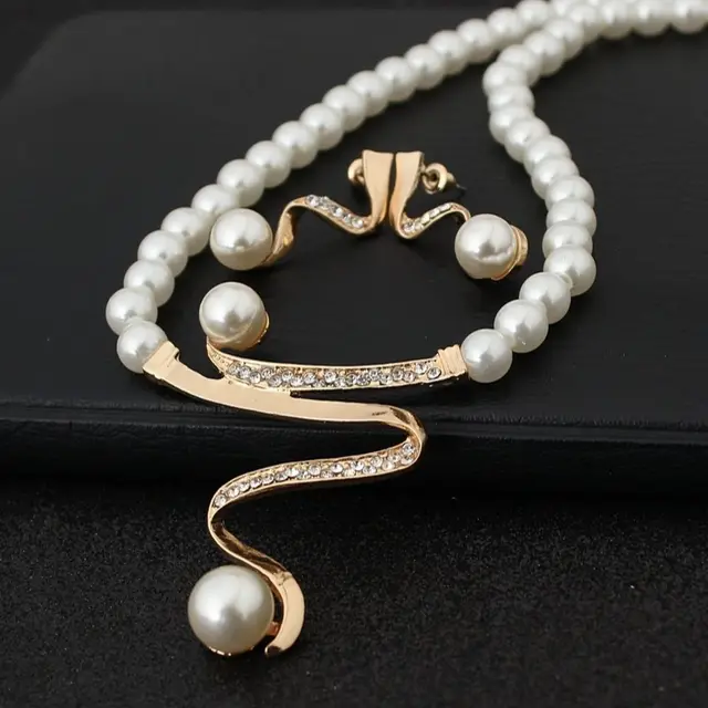 European fashion diamond crystal pearl necklace earrings set bride wedding accessories Default - Shop at LoveMi