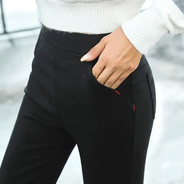 Plush plus size pocket red line leggings Black - Shop at LoveMi