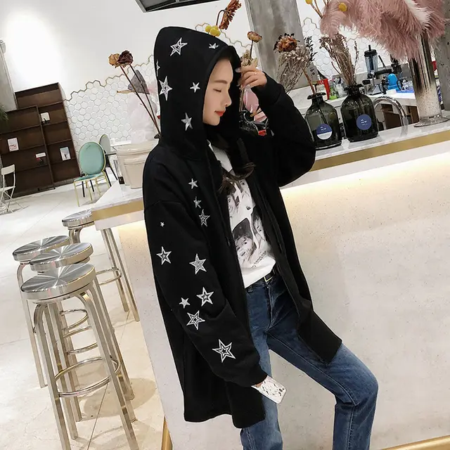 Mid Length Star Embroidered Small Sweater Coat Black - Shop at LoveMi