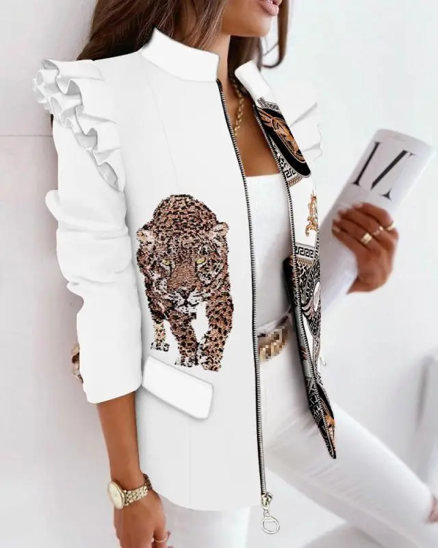 Check Leopard Print Zip Ruffle Shoulder Jacket Tiger Head - Shop at LoveMi