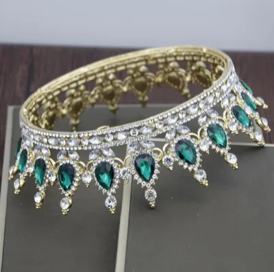 Baroque Bridal Crown Headdress Rhinestone Hair Accessories Silver Green - Shop at LoveMi