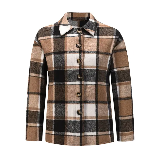 Lapel Single Breasted Checked Shirt Jacket Coffee - Shop at LoveMi