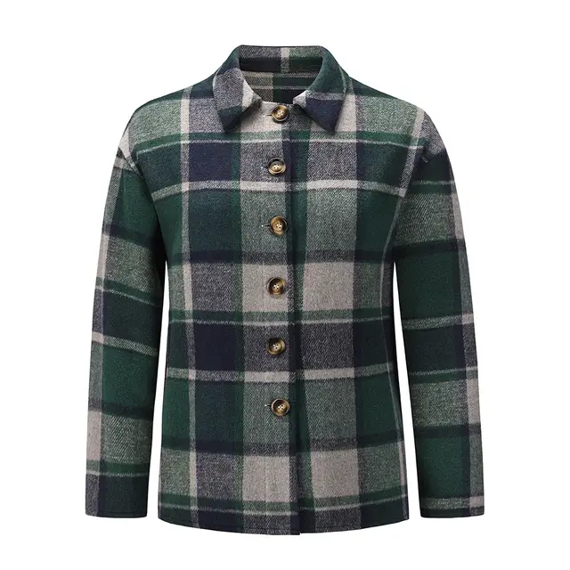 Lapel Single Breasted Checked Shirt Jacket Green - Shop at LoveMi
