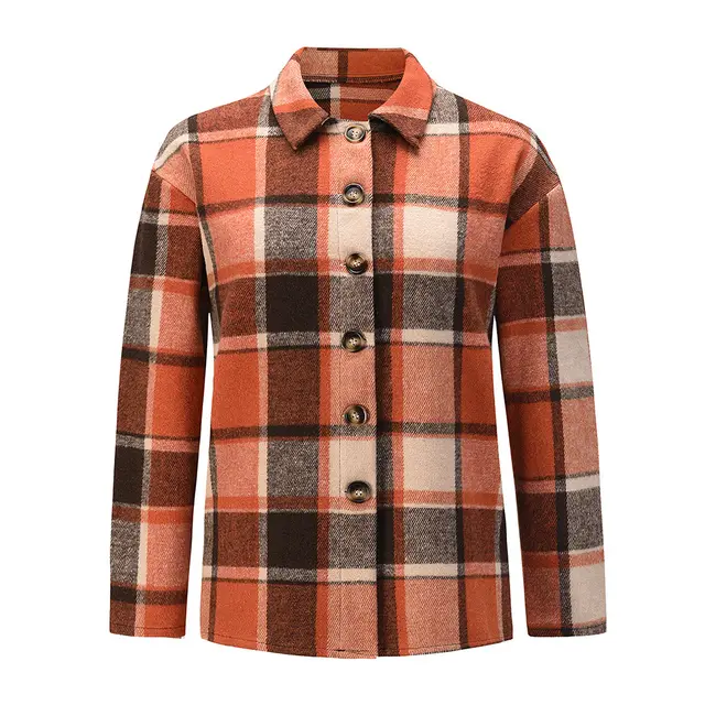 Lapel Single Breasted Checked Shirt Jacket Orange - Shop at LoveMi