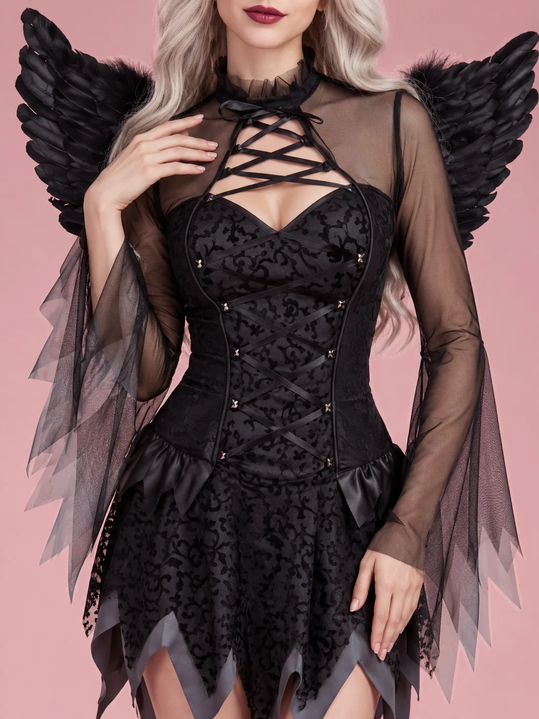 Fallen Angel Costume Dress with Wings for Women - Black - View 4