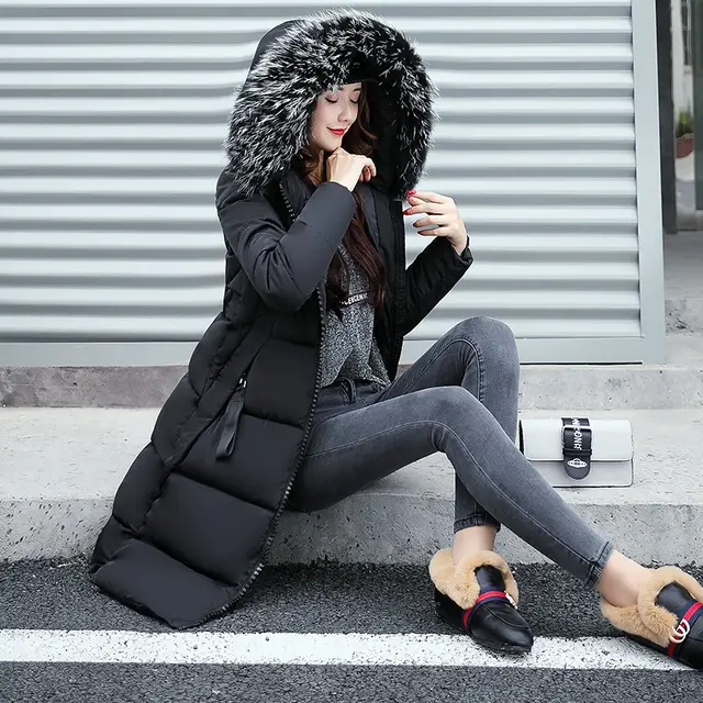 Long cotton jacket hooded big fur collar down jacket Black - Shop at LoveMi