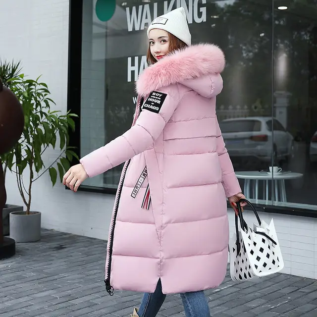 Long cotton jacket hooded big fur collar down jacket Pink - Shop at LoveMi