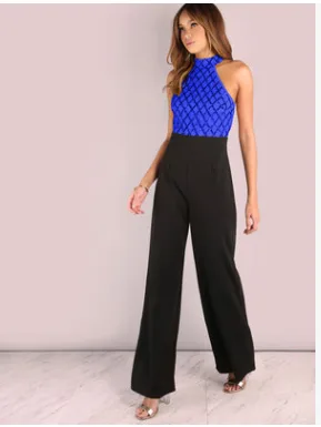 European and American women's sexy jumpsuit hanging neck sequins stitching trumpet jumpsuit trousers Blue - Shop at LoveMi
