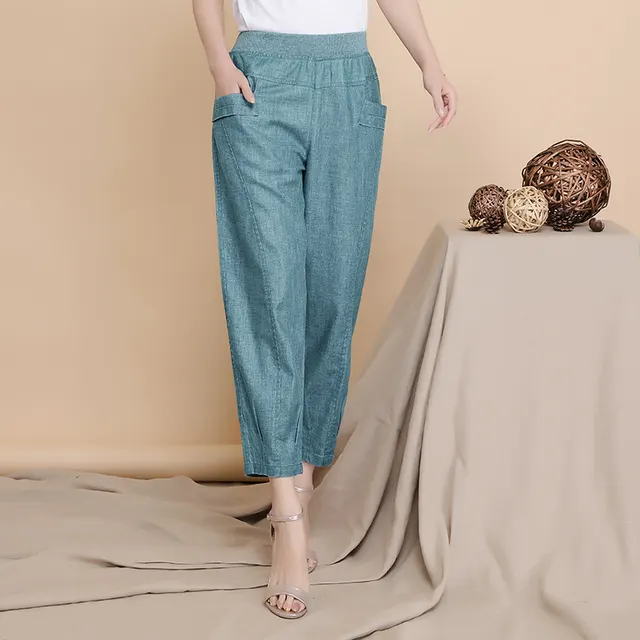 Loose cotton and linen cropped trousers casual pants Light Blue - Shop at LoveMi