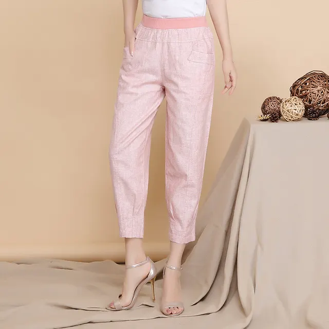 Loose cotton and linen cropped trousers casual pants Pink - Shop at LoveMi