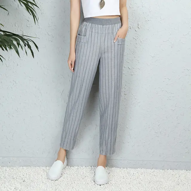Loose cotton and linen cropped trousers casual pants Striped Blue - Shop at LoveMi