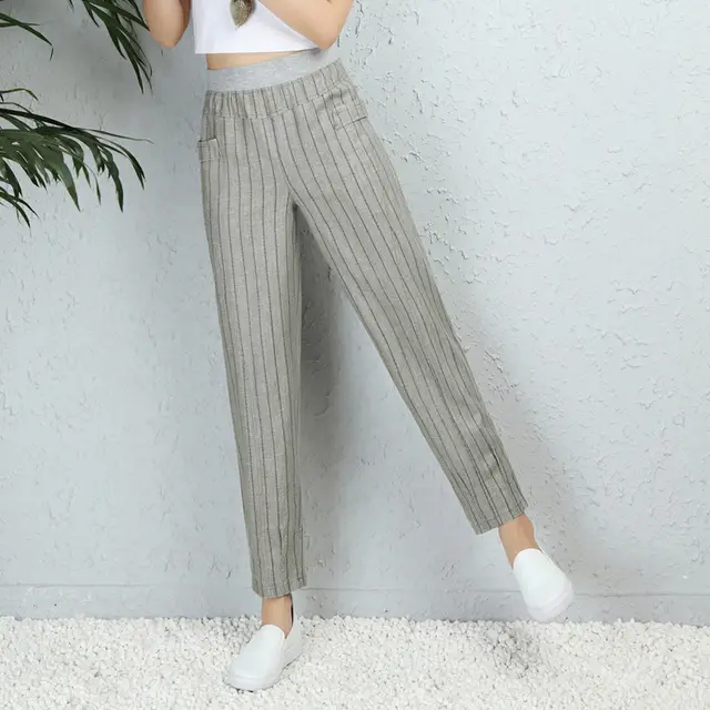 Loose cotton and linen cropped trousers casual pants Striped Dark Gray - Shop at LoveMi