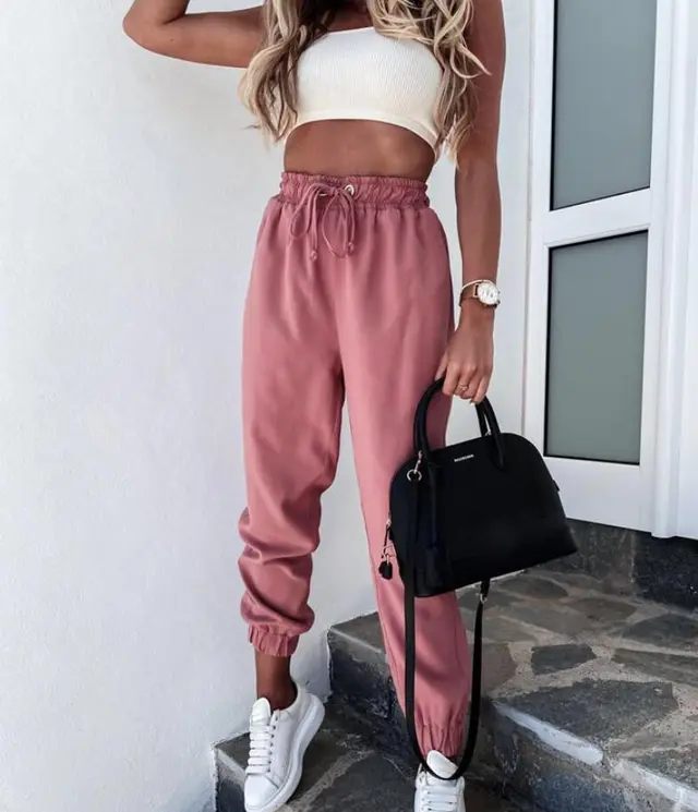 Casual strappy slim fit trousers with pockets Pink - Shop at LoveMi