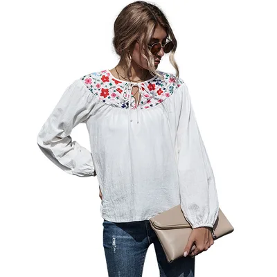Cotton Linen Embroidered Slim Top Loose Art T shirt White - Shop at LoveMi