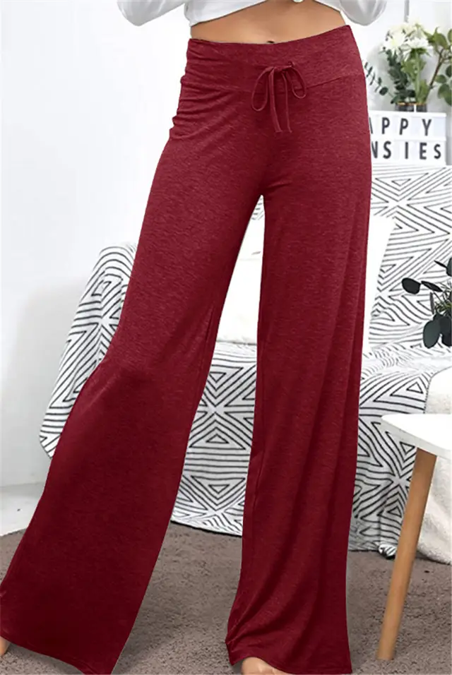 Wide Leg High Waist Elastic Band Casual Pants Wine Red - Shop at LoveMi
