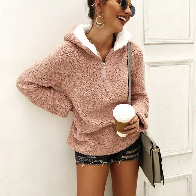 Plush Coat Zipper Hooded Sweater Warm Top Pink - Shop at LoveMi