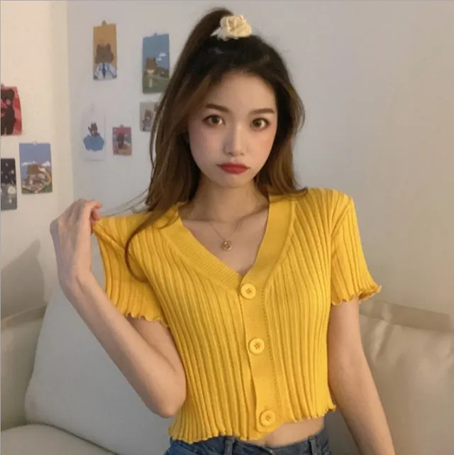 Knitted crop top with wood ears Yellow - Shop at LoveMi
