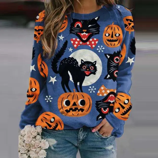 Long sleeve printed casual wide sweater Black Cat - Shop at LoveMi