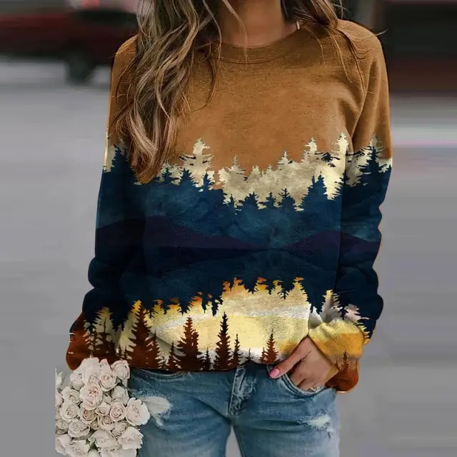 Long sleeve printed casual wide sweater Tan - Shop at LoveMi