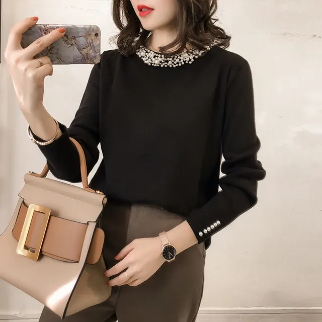 Long sleeve beaded sweater Black - Shop at LoveMi