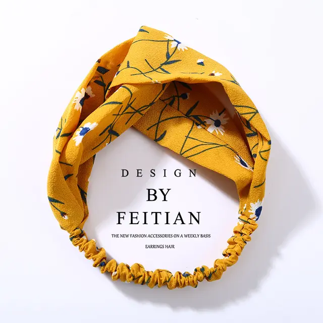 Fabric cross knotted bow chiffon floral headband Yellow Floral - Shop at LoveMi