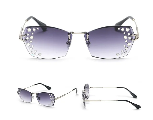 Frameless cut edge sunglasses with mirror set flash diamonds Grey - Shop at LoveMi