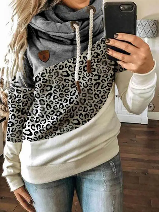 Printed stitching hooded fleece loose sweatshirt Grey - Shop at LoveMi