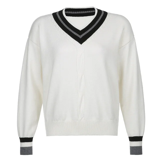 The V neck of The British Style Sweater Is Slim White - Shop at LoveMi