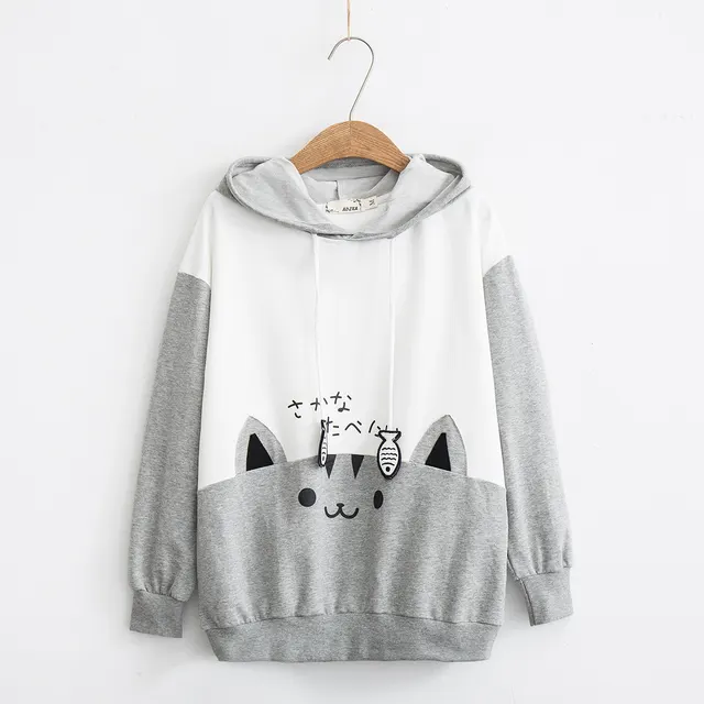Japanese Mori female cartoon cat print hooded sweater long sleeve hoodie jacket women Grey - Shop at LoveMi