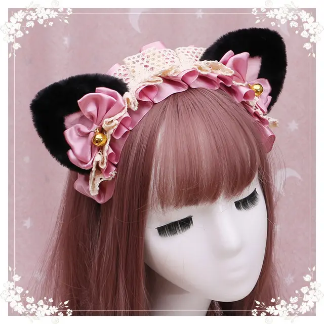 Lolita hair ornament Plush cat ear Lolita headdress lace Ribbon Headband 12 Colour - Shop at LoveMi