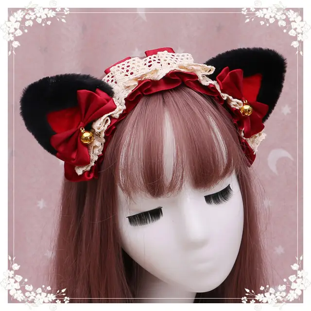 Lolita hair ornament Plush cat ear Lolita headdress lace Ribbon Headband 14 Colour - Shop at LoveMi
