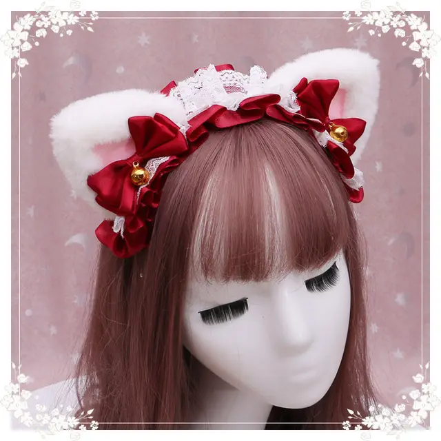 Lolita hair ornament Plush cat ear Lolita headdress lace Ribbon Headband 2 Colour - Shop at LoveMi