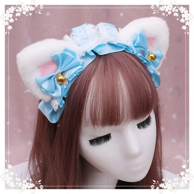 Lolita hair ornament Plush cat ear Lolita headdress lace Ribbon Headband 26 Colour - Shop at LoveMi